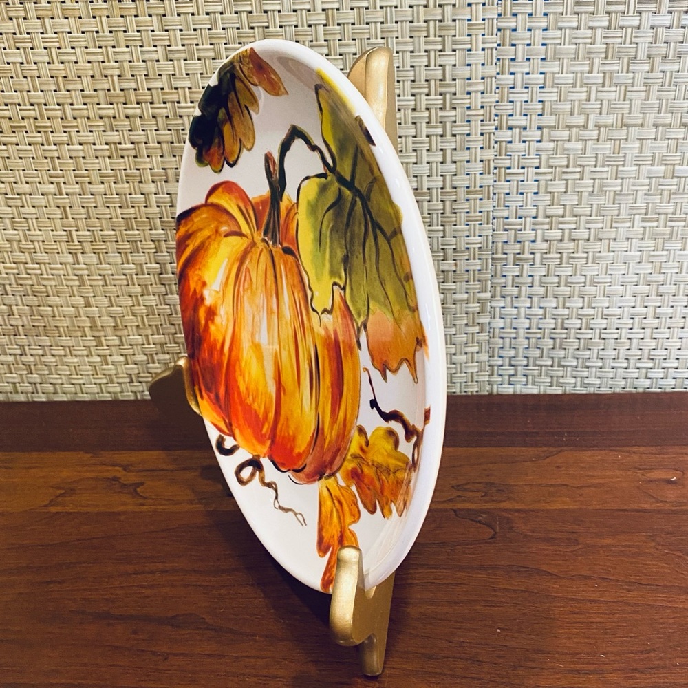 🍁🌟2xHP🌟Set of Fall Watercolor Pumpkin Glazed Ceramic Plate & Small Leaf Bowl - Picture 3 of 10